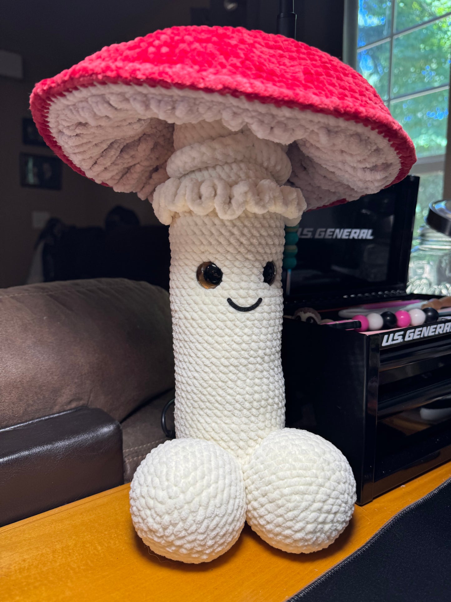 Large crochet mushroom peen with removeable cap.