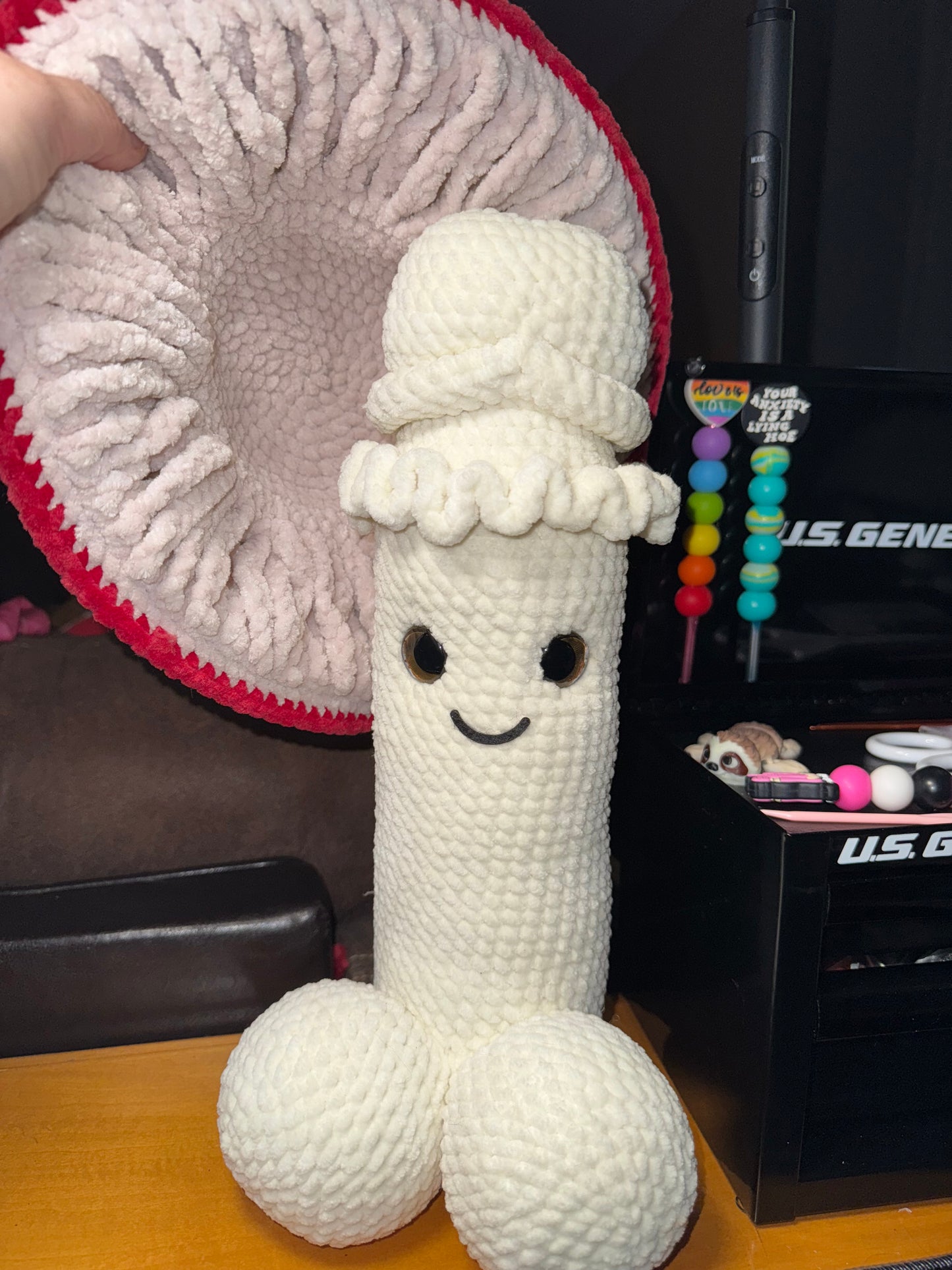 Large crochet mushroom peen with removeable cap.